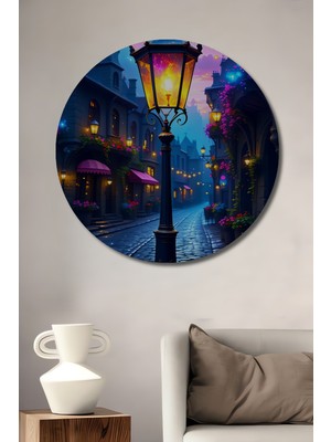Romantik Sokak Lambası Yağlı Boya Görünümlü Dekoratif Ahşap Ev/işyeri/ofis Yuvarlak Tablo