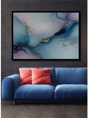 Çerçeve Görünümlü Mavi Altın Mermer Desenli Dekoratif Ahşap Ev/işyeri/ofis Kare Tablo