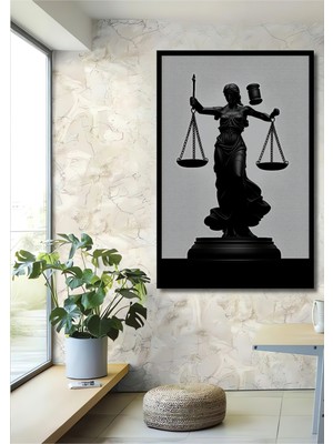 Çerçeve Görünümlü Adalet Tanrıçası Temalı Siyah Beyaz Dekoratif Ahşap Ev/işyeri/ofis Kare Tablo