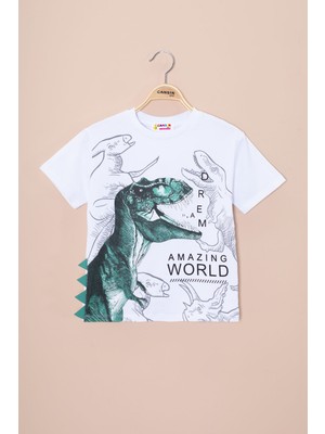 Ekru Dinozor Baskılı Bisiklet Yaka Erkek Bebek Tişört 20952