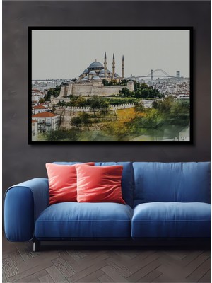Çerçeve Görünümlü Süleymaniye Camii ve Boğaz Köprüsü Yağlı Boya Görünümlü Ahşap Ofis Kare Tablo