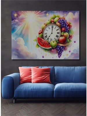 Meyve Şöleni Saat Sulu Boya Görünümlü Dekoratif Ahşap Ev/işyeri/ofis Kare Tablo