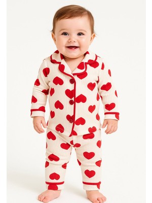 Mini Love Tuem Baby Kız Bebek Gömlek Yaka Kırmızı  Kalp  Baskılı  Uzun Kollu Pijama Takımı 6-9 Ay/ 9-12 Ay/ 12-18 Ay/ 18-24 Ay
