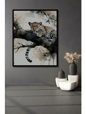 Çerçeve Görünümlü Ağaç Dalında Dinlenen Leopar Sulu Boya Görünümlü Dekoratif Ahşap Ofis Kare Tablo