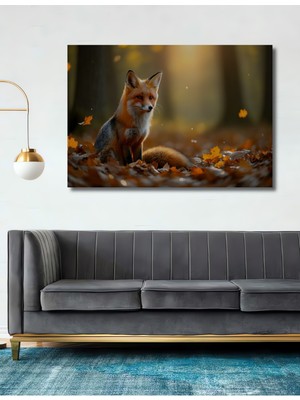 Sonbahar Ormanında Yağlı Boya Görünümlü Tilki Ev/işyeri/ofis Dekoratif Ahşap Kare Tablosu