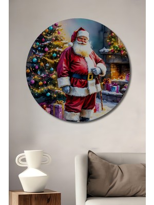 Noel Baba ve Işıltılı Yılbaşı Ağacı Sulu Boya Görünümlü Dekoratif Ahşap Ev/işyeri/ofis Tablo