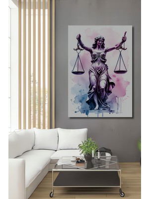 Adalet Tanrıçası Terazisi Sulu Boya Görünümlü Dekoratif Ahşap Ev/işyeri/ofis Kare Tablo