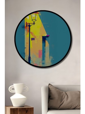 Çerçeve Görünümlü Sokak Lambası Modern Sanat Yağlı Boya Görünümlü Ahşap Ofis Yuvarlak Tablo