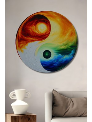 Yin Yang Ateş Su Yağlı Boya Görünümlü Dekoratif Ahşap Ev/işyeri/ofis Yuvarlak Tablo