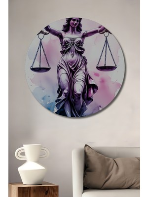 Adalet Tanrıçası Terazisi Sulu Boya Görünümlü Dekoratif Ahşap Ev/işyeri/ofis Yuvarlak Tablo