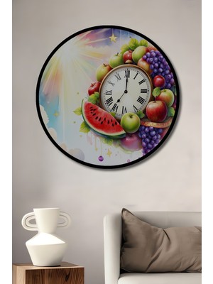 Çerçeve Görünümlü Meyve Şöleni Saat Sulu Boya Görünümlü Dekoratif Ahşap Işyeri/ofis Yuvarlak Tablo