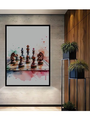 Çerçeve Görünümlü Sulu Boya Görünümlü Satranç Tahtası ve Piyonlar Dekoratif Ahşap Ofis Kare Tablo