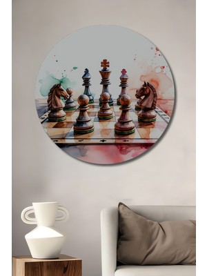 Sulu Boya Görünümlü Satranç Tahtası ve Piyonlar Dekoratif Ahşap Ev/işyeri/ofis Yuvarlak Tablo