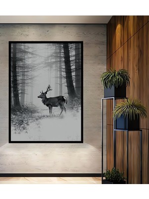 Çerçeve Görünümlü Siyah Beyaz Ormanda Geyik Kara Kalem Görünümlü Dekoratif Ahşap Ofis Kare Tablo