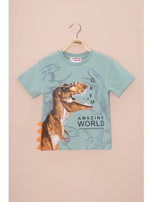 Yeşil Dinozor Baskılı Bisiklet Yaka Erkek Bebek Tişört 20949