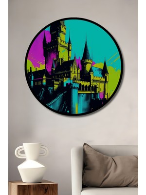 Çerçeve Görünümlü Neon Hogwarts Kalesi Yağlı Boya Görünümlü Dekoratif Ahşap Ofis Yuvarlak Tablo
