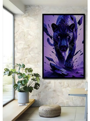 Çerçeve Görünümlü Mor Panter Yağlı Boya Görünümlü Modern Sanat Dekoratif Ahşap Ofis Kare Tablo