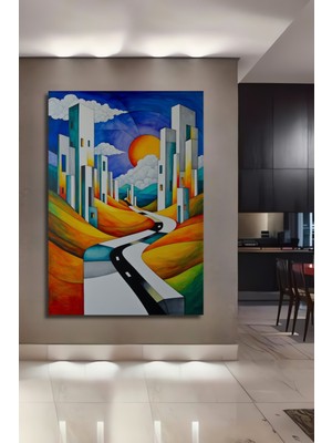 Modern Şehir Manzarası Yağlı Boya Görünümlü Dekoratif Ahşap Ev/işyeri/ofis Kare Tablo