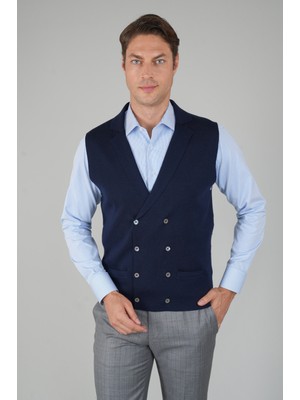 Bisse Lacivert Kruvaze Yün Erkek Yelek TRYL24K24202_D39