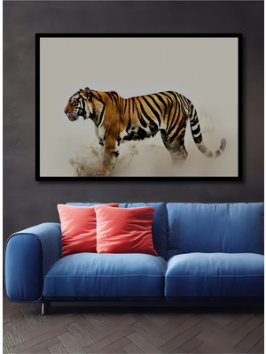 Çerçeve Görünümlü Dumanlar Içindeki Bengal Kaplanı Yağlı Boya Görünümlü Ahşap Ofis Kare Tablo