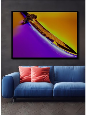 Çerçeve Görünümlü Altın Işıltılı Kılıç Yağlı Boya Görünümlü Dekoratif Ahşap Işyeri/ofis Kare Tablo