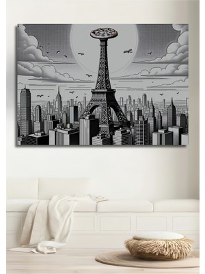 Eyfel Kulesi Pizza Kara Kalem Görünümlü Dekoratif Ahşap Ev/işyeri/ofis Kare Tablo