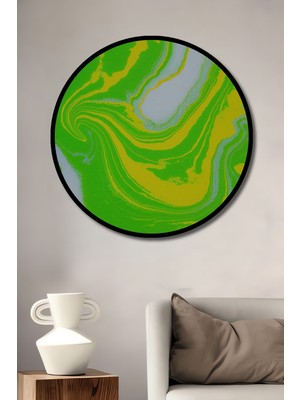 Çerçeve Görünümlü Neon Yeşil Sarı Mermer Desenli Soyut Sanat Dekoratif Ahşap Ofis Yuvarlak Tablo
