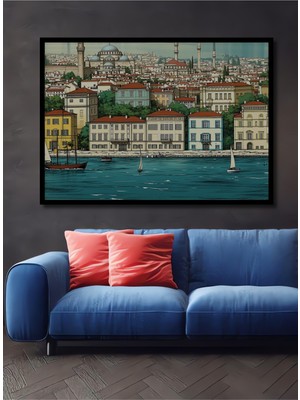 Çerçeve Görünümlü Istanbul Boğazı Nostaljik Çizim Dekoratif Ahşap Ev/işyeri/ofis Kare Tablo