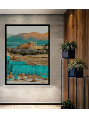 Çerçeve Görünümlü Akropolis Antik Kent Pastel Boya Görünümlü Dekoratif Ahşap Işyeri/ofis Kare Tablo