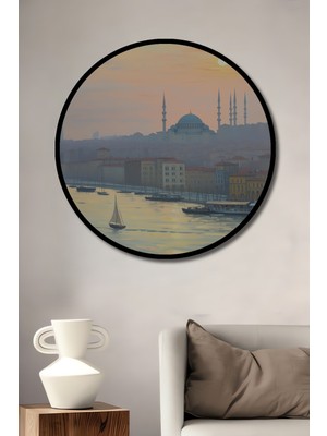 Çerçeve Görünümlü Istanbul Silüeti Yağlı Boya Görünümlü Dekoratif Ahşap Işyeri/ofis Yuvarlak Tablo