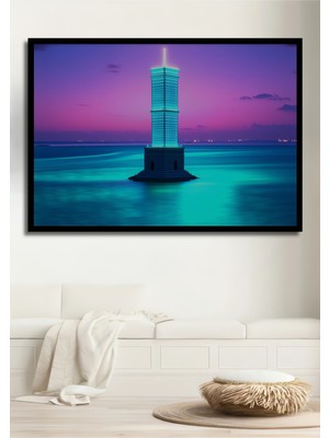 Çerçeve Görünümlü Neon Işıklı Deniz Feneri Modern Sanat Dekoratif Ahşap Ev/işyeri/ofis Kare Tablo