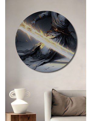 Altın Kılıç ve Savaşçı Kara Kalem Görünümlü Dekoratif Ahşap Ev/işyeri/ofis Yuvarlak Tablo