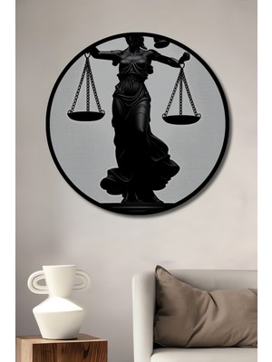 Çerçeve Görünümlü Adalet Tanrıçası Temalı Siyah Beyaz Dekoratif Ahşap Ev/işyeri/ofis Yuvarlak Tablo