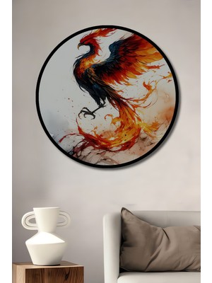 Çerçeve Görünümlü Ateşten Anka Kuşu Sulu Boya Görünümlü Dekoratif Ahşap Işyeri/ofis Yuvarlak Tablo