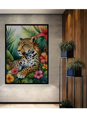Çerçeve Görünümlü Tropikal Leopar Sulu Boya Görünümlü Dekoratif Ahşap Ev/işyeri/ofis Kare Tablo