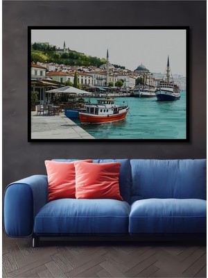 Çerçeve Görünümlü Istanbul Anadolu Yakası Sulu Boya Görünümlü Dekoratif Ahşap Ofis Kare Tablo