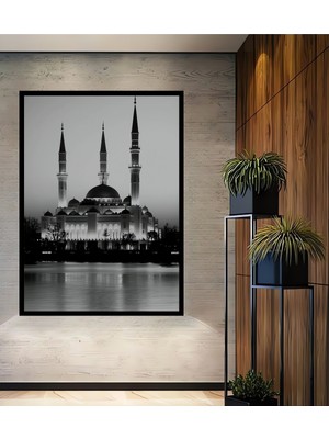 Çerçeve Görünümlü Siyah Beyaz Cami Silüeti Dekoratif Ahşap Ev/işyeri/ofis Kare Tablo