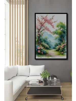 Çerçeve Görünümlü Pembe Çiçek Bahçesi Sulu Boya Görünümlü Dekoratif Ahşap Ev/işyeri/ofis Kare Tablo