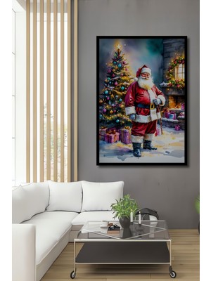 Çerçeve Görünümlü Noel Baba ve Işıltılı Yılbaşı Ağacı Sulu Boya Görünümlü Ahşap Ofis Kare Tablo