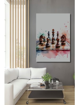 Sulu Boya Görünümlü Satranç Tahtası ve Piyonlar Dekoratif Ahşap Ev/işyeri/ofis Kare Tablo