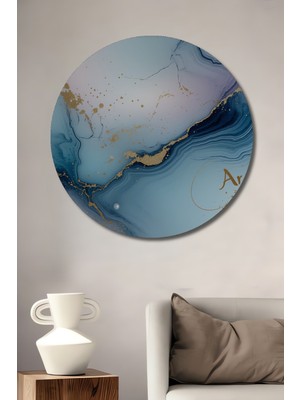 Mavi Altın Mermer Desenli Dekoratif Ahşap Ev/işyeri/ofis Yuvarlak Tablo