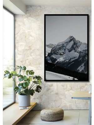 Çerçeve Görünümlü Kar Beyazı Dağların Zirvesi Manzaralı Dekoratif Ahşap Ev/işyeri/ofis Kare Tablo