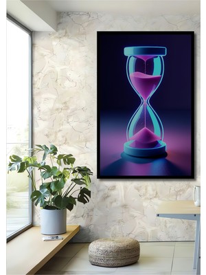 Çerçeve Görünümlü Neon Kum Saati Zamanı Durduran Modern Sanat Ofis Dekoratif Ahşap Kare Tablo