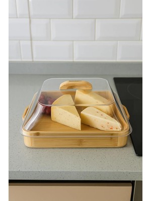 Bambum Modica - Akrilik Kapaklı Bambu Kek Fanusu Kare Küçük