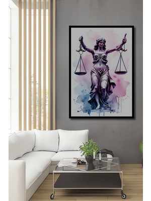 Çerçeve Görünümlü Adalet Tanrıçası Terazisi Sulu Boya Görünümlü Dekoratif Ahşap Ofis Kare Tablo