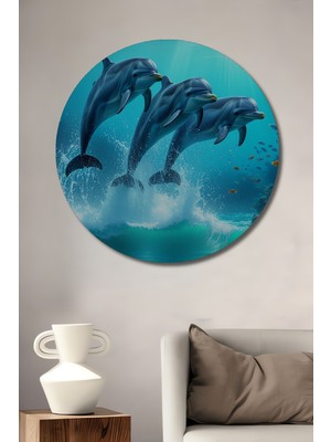 Mavi Dünyanın Neşeli Yunusları Yağlı Boya Görünümlü Dekoratif Ahşap Ev/işyeri/ofis Yuvarlak Tablo