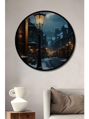 Çerçeve Görünümlü Kış Masalı Sokak Lambası Yağlı Boya Görünümlü Dekoratif Ahşap Ofis Yuvarlak Tablo