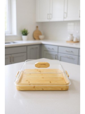 Bambum Modica - Akrilik Kapaklı Bambu Kek Fanusu Kare Büyük