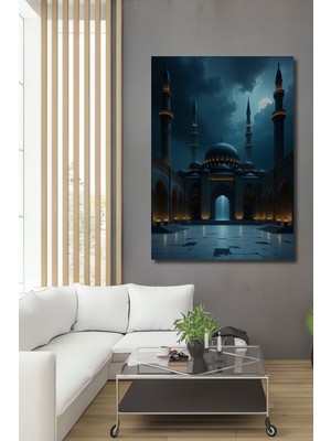 Gece Mavi Cami Minareleri Yağlı Boya Görünümlü Dekoratif Ahşap Ev/işyeri/ofis Kare Tablo