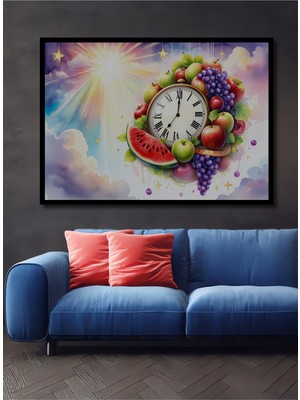 Çerçeve Görünümlü Meyve Şöleni Saat Sulu Boya Görünümlü Dekoratif Ahşap Ev/işyeri/ofis Kare Tablo
